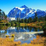 mountains, pond, and trees