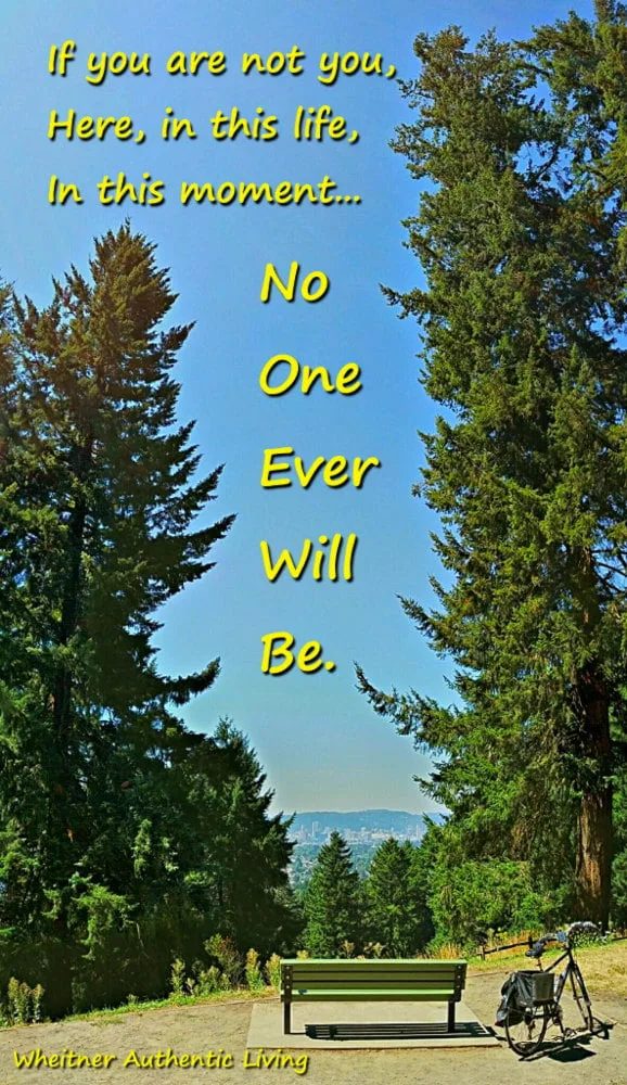 nature photo with trees, bicycle, and inspirational quote about authenticity